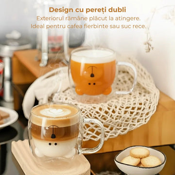 Set 6 cesti cafea pereti dubli sticla termorezistenta Model Ursulet 260 ml coffe