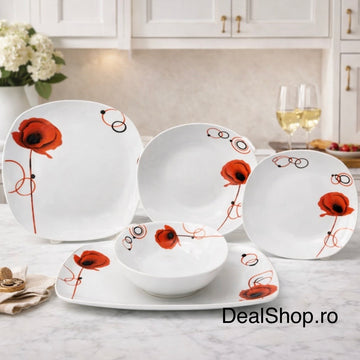 Serviciu de Masa Porțelan Elegant Maci, 20 Piese pentru 6 Persoane Farfurii Pătrate cu flori roșii TL 173-1