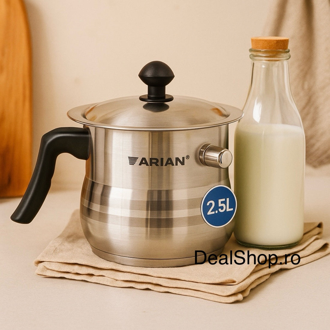 Oala de lapte cu fluier Arian 2.5 litri din inox – pereti dubli capac inox potrivita pentru toate tipurile de plite