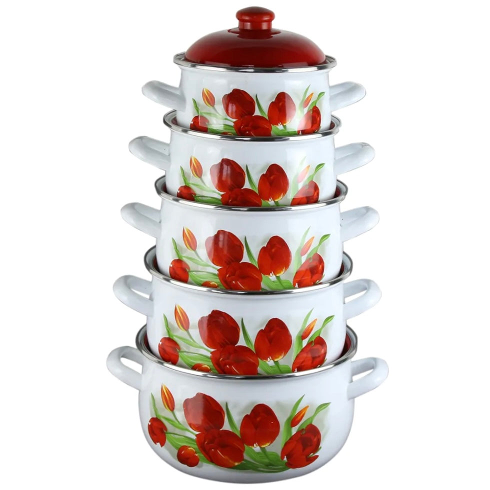 Set 5 oale emailate cu capac Arian, cantitate 2 l, 2,8 l, 3,8 l, 4,8 l, 6,2 l, model lalele