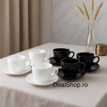 Set 6 cești cafea cu farfurii opal termorezistent 245 ml 3 albe + 3 negre