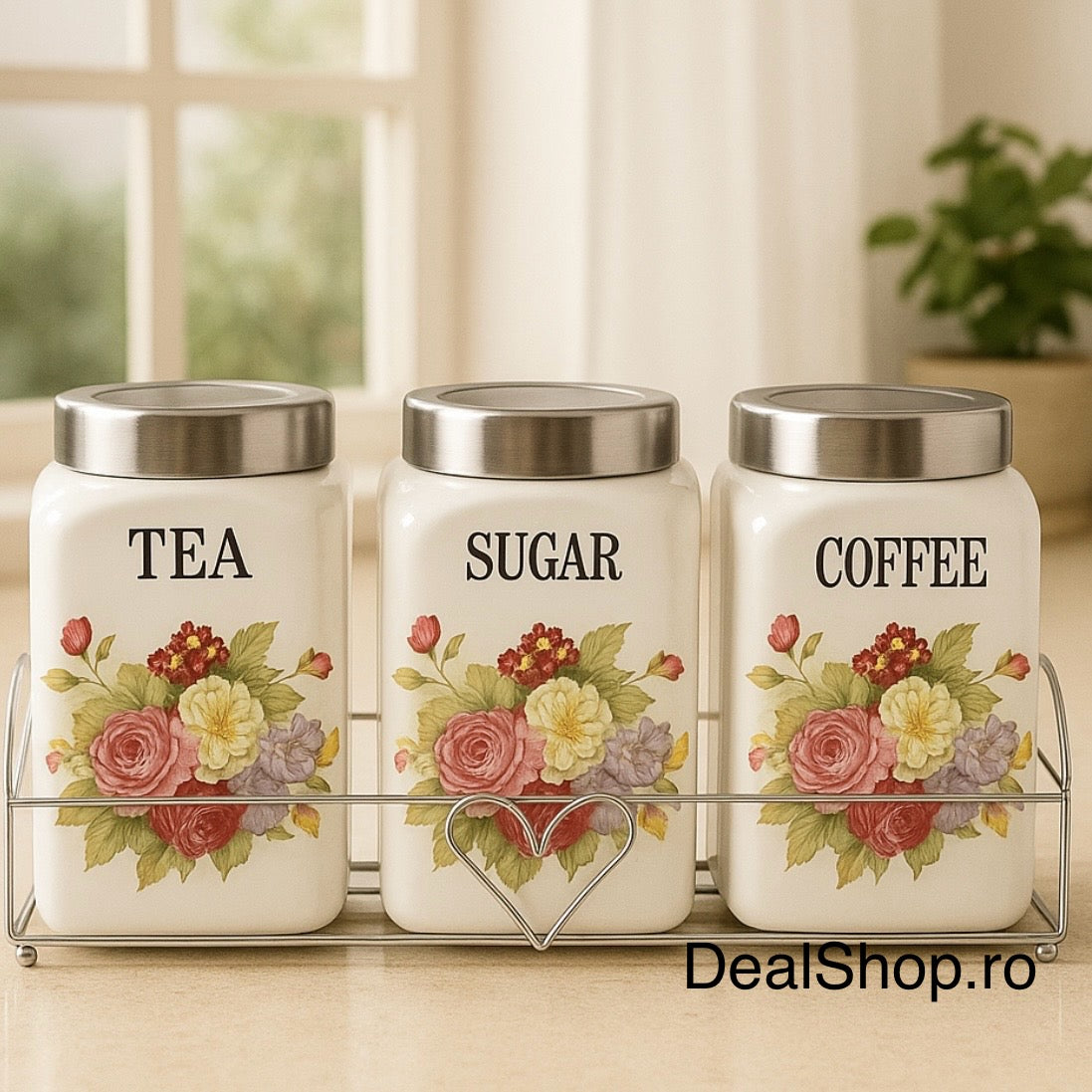 SET 3 RECIPIENTE CONDIMENTE CERAMICA CU CAPAC INOX SI SUPORT METALIC