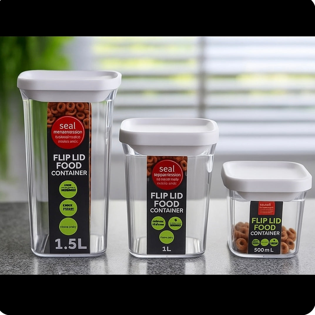 Set 3 Recipiente Alimentare din Plastic cu Capac Etanș 500 ml 1 litru și 1.5 litri Pastrare Cereale și Alimente