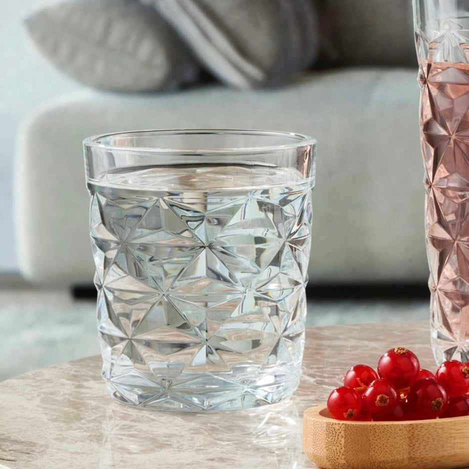 Set 4 Pahare Estrella 305 ml – Sticlă groasă cu design geometric elegant, ideale pentru whisky, apă sau cocktailuri