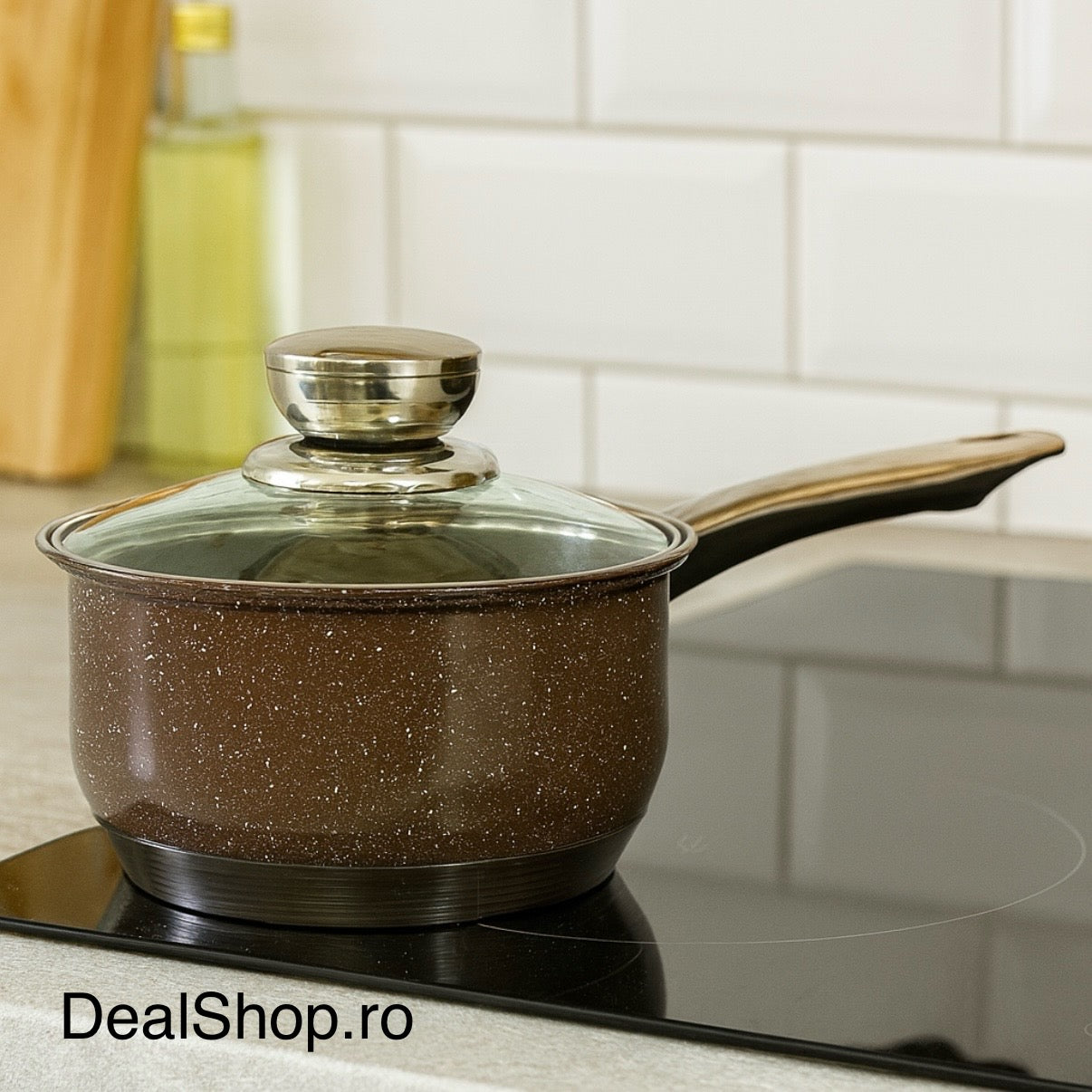 Cratită cu coadă Royalty Line Brown 2.1 litri – inox cu fund multistrat și capac din sticla gătit rapid și elegant