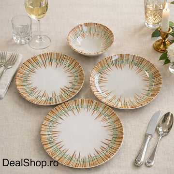 Serviciu de Masa din Portelan Solis 48 Piese pentru 12 Persoane Design Elegant cu Accente Solare Farfurii și Boluri Premium 260