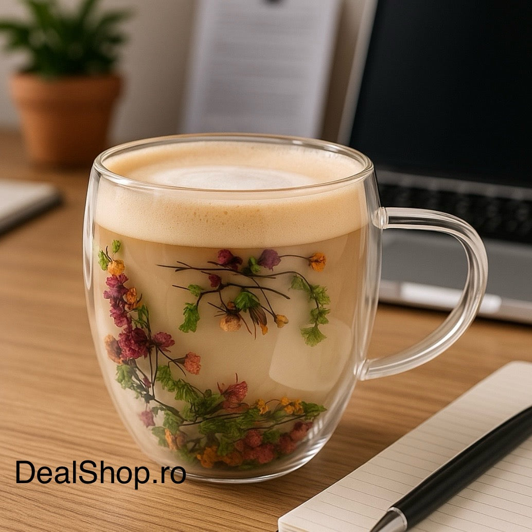 Set 6 căni din sticlă termorezistentă cu pereți dubli și flori uscate colorate – 250 ml design elegant