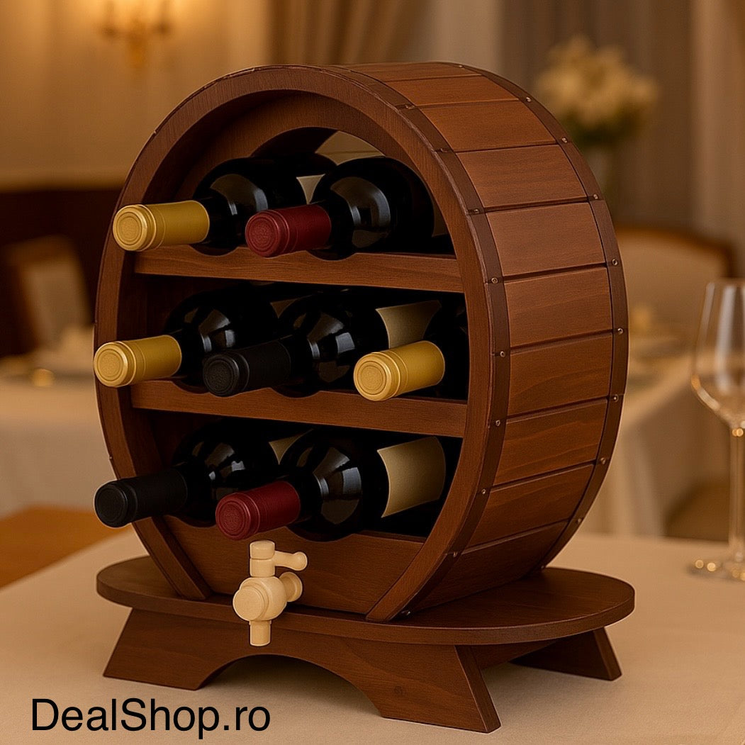 Suport vin de lemn pentru 7 sticle cu robinet