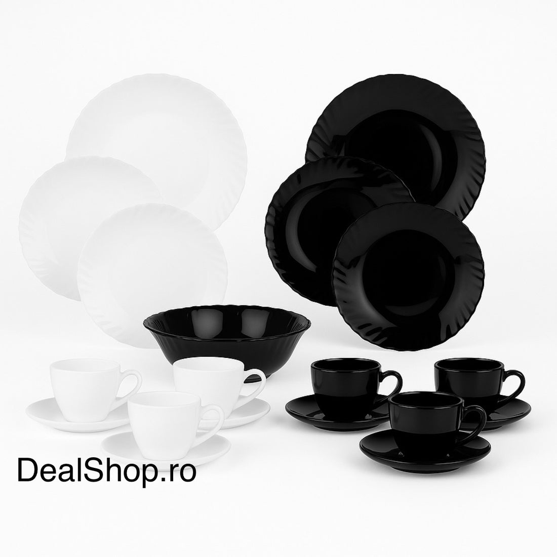 Set complet serviciu de masa și cafea din opal termorezistent 31 piese alb & negru