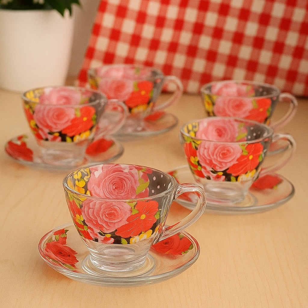 Set 6 cești sticlă,200 ml cu 6 farfurioare decor floral Galaxy