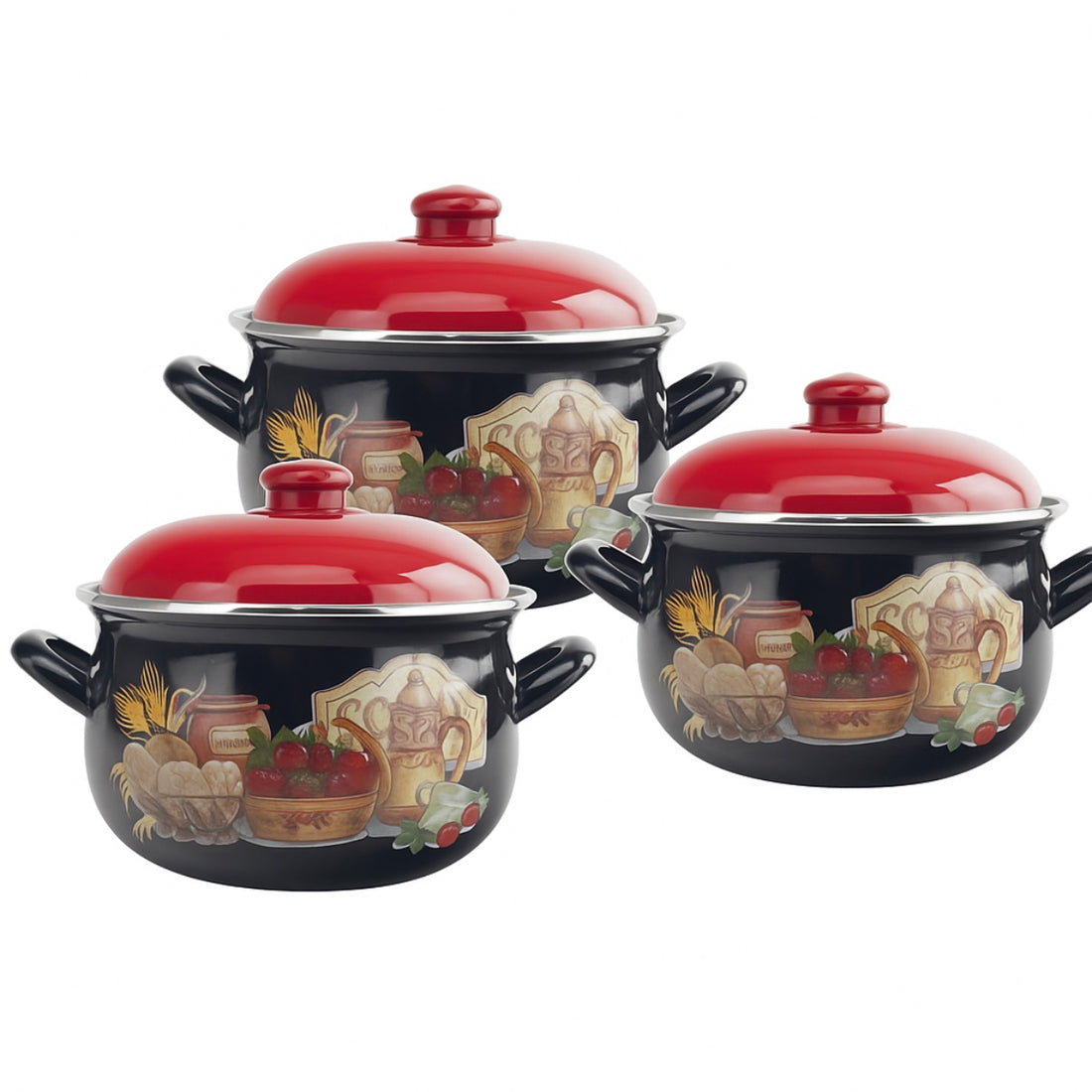 Set 3 oale emailate cu capac Arian, cantitate 3,8 litri, 4,8 litri, 6,2 litri, model kitchen