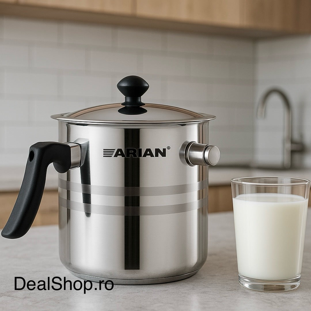 Oală pentru Fiert Lapte Arian 3 litri Inox fluier, perete Dublu, Capac Inclus maner termorezistent
