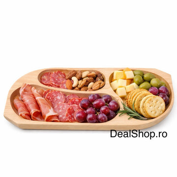 Platou din lemn compartimentat pentru servire 43 x 22,5 cm – tavă aperitive 3 compartimente lemn natural, snack & gustări