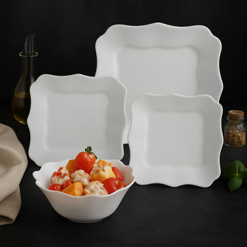 Serviciu de masă opal termorezistent 19 Piese Lacy-White – Farfurii Pătrate Albe pentru 6 persoane
