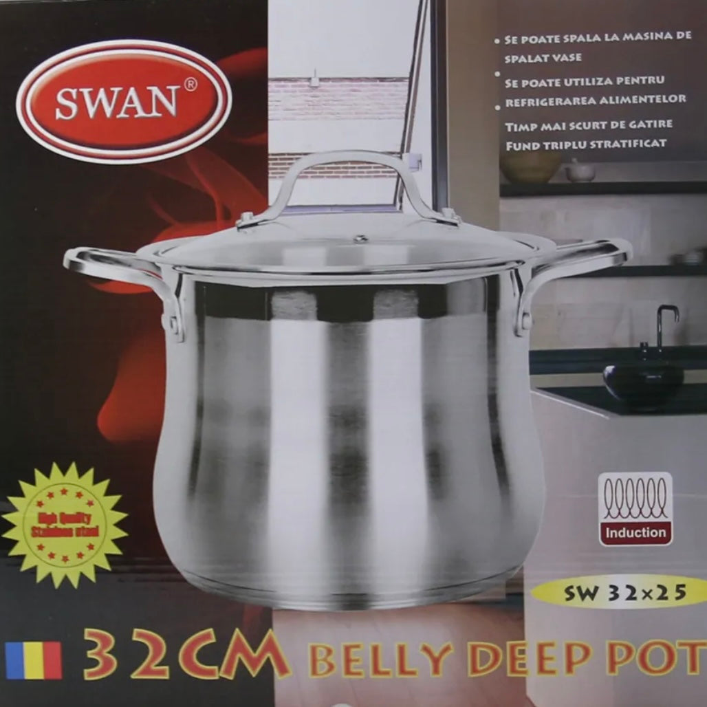 Oala inox fund triplu capac din sticla Swan-Belly, cantitate oala 20,5 litri, 32 x 25 cm