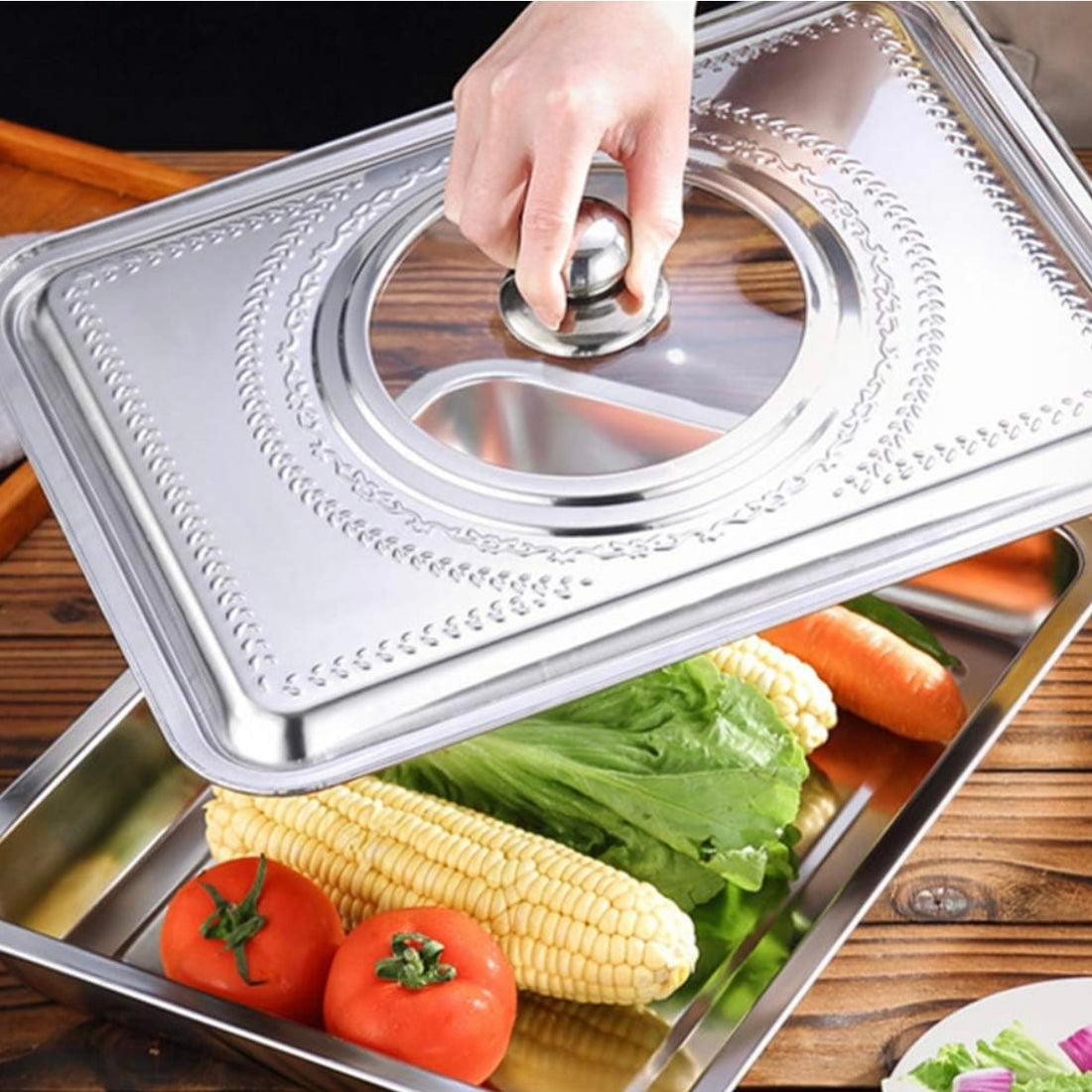 Tavă cuptor inox cu capac 35x26x7 cm, Vanora Home – tavă coacere prăjituri, friptură, lasagna