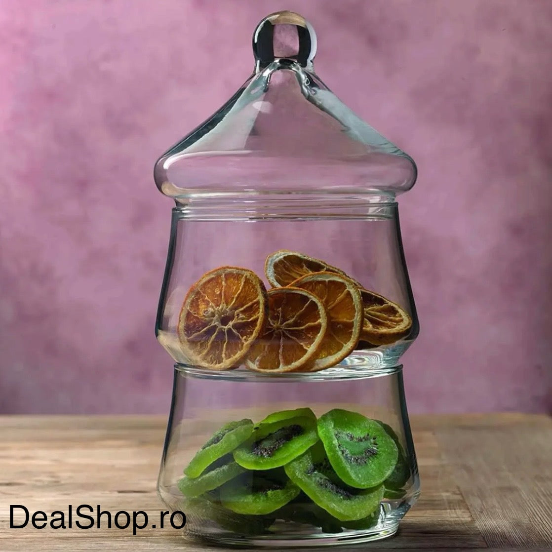 Bombonieră din sticlă cu 2 compartimente și capac, Design Elegant, 25 cm – Ideală pentru Dulciuri și Decor
