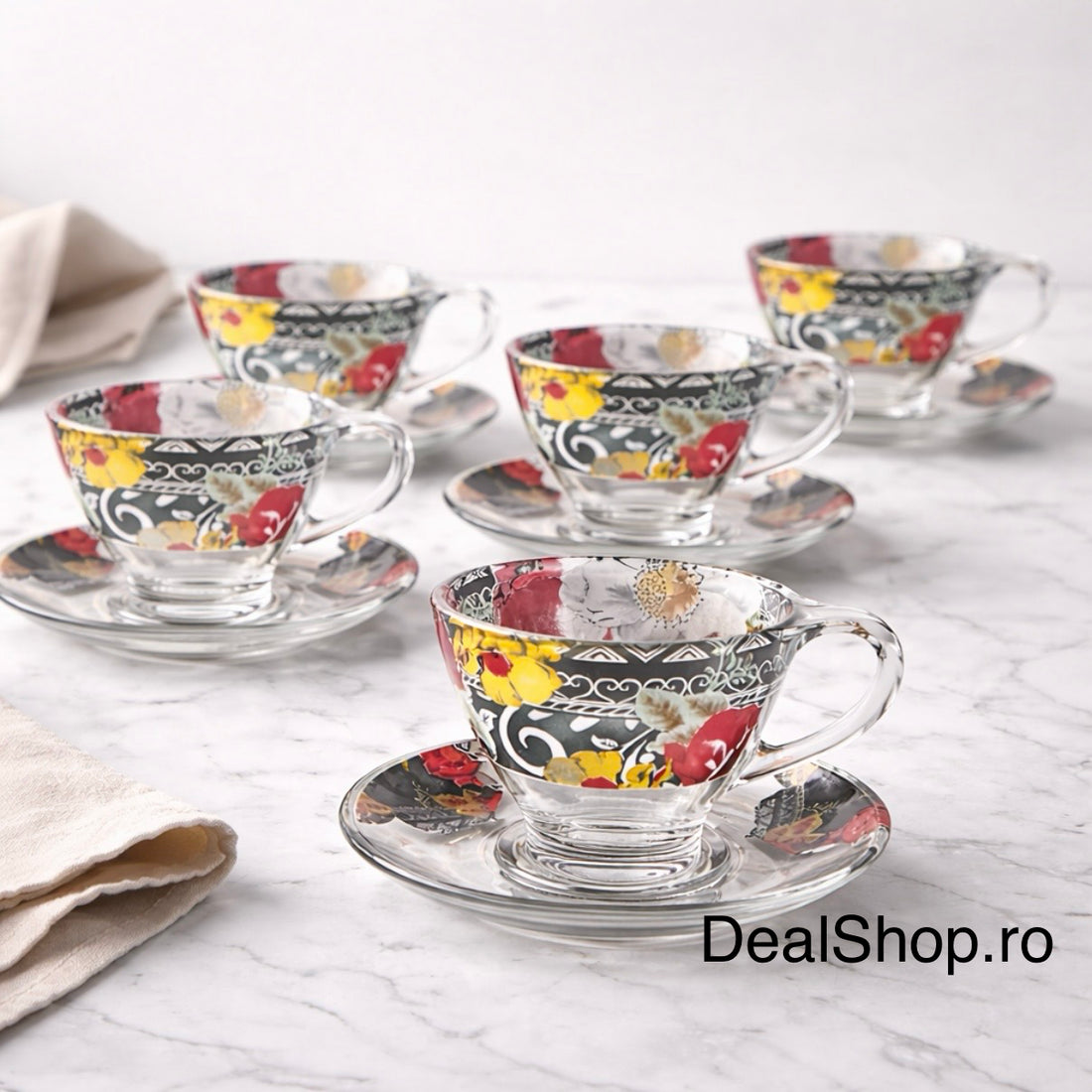 Set 6 cești din sticlă Galaxy 200 ml cu farfurioare – Decor Floral Elegant, Pentru Cafea sau Ceai
