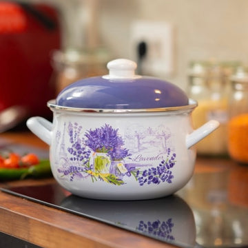 Cratiță Emailată cu Capac Lavender, 24 cm, 6 L, Decor Lavandă