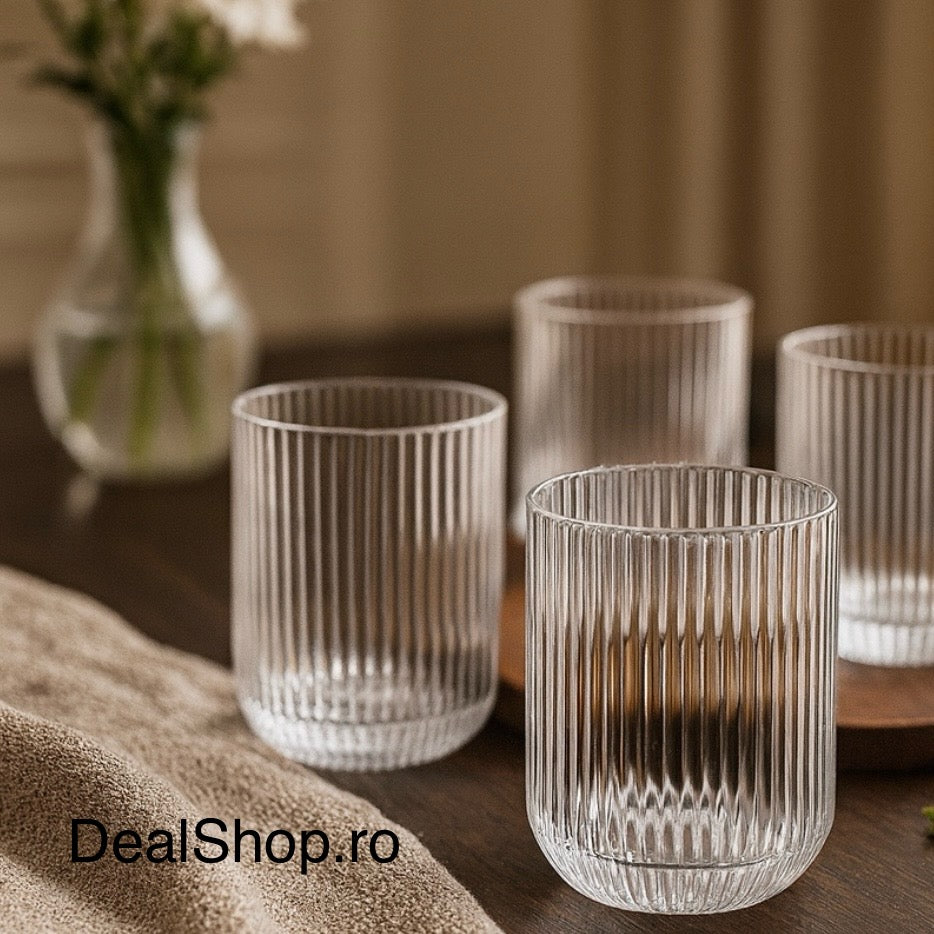 Set 18 Pahare din Sticlă Mansoura Alex 250 ml Design Modern cu Textură în Dungi CADOUL PERFECT