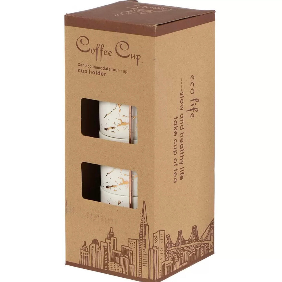 Set 4 cești ceramică 250 ml marmură albă cu auriu suport metalic CADOUL PERFECT