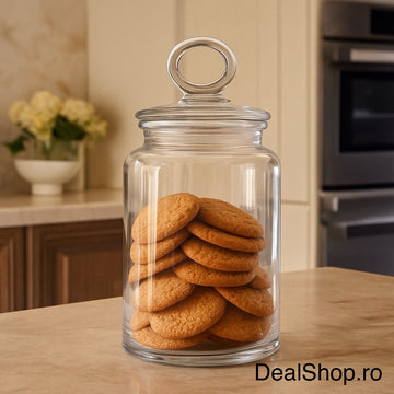 Borcan din sticlă cu capac, 1500 ml – design elegant, ideal pentru depozitare biscuiți, bezele, bomboane sau ingrediente de bucătărie
