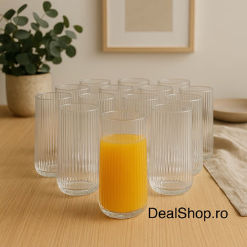 Set 12 pahare din sticla transparentă cu striatii 400 ml Design Modern și Elegant Hawai