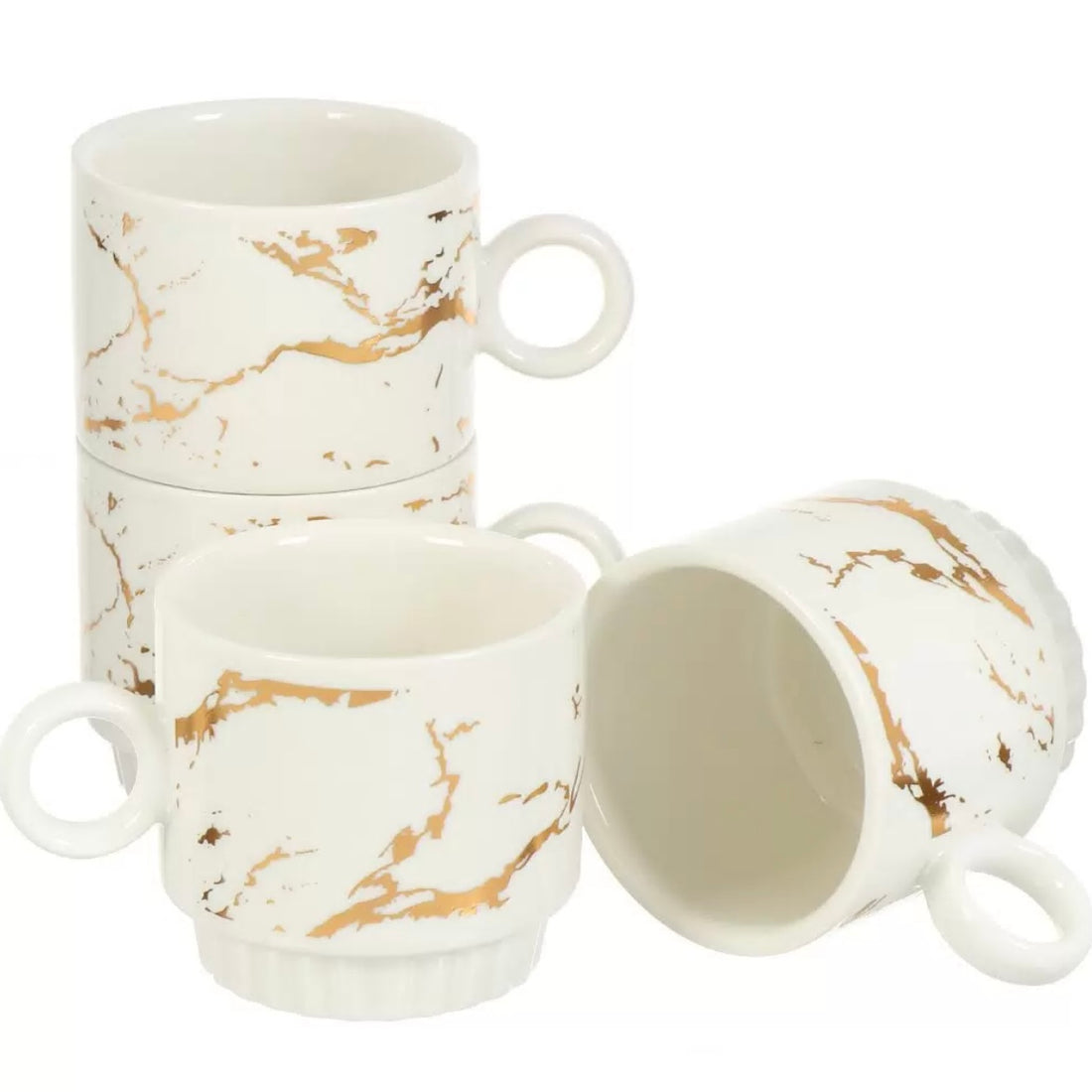 Set 4 cești ceramică,250 ml, marmură albă cu auriu ,suport metalic