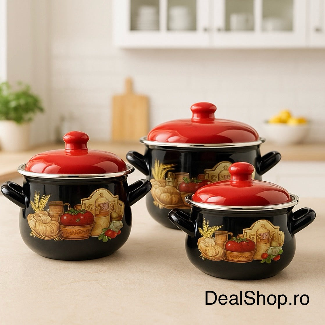 Set 3 oale emailate cu capac Arian, cantitate 3,8 litri, 4,8 litri, 6,2 litri, model kitchen