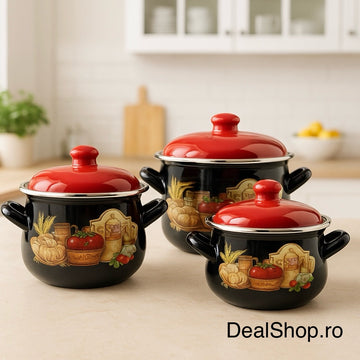 Set 3 oale emailate cu capac Arian, cantitate 3,8 litri, 4,8 litri, 6,2 litri, model kitchen