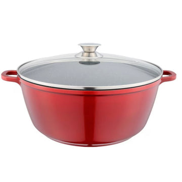 Cratiță mare cu înveliș de marmură 44 cm – capac sticlă termorezistentă, 23.5 litri culoare roșu metalizat