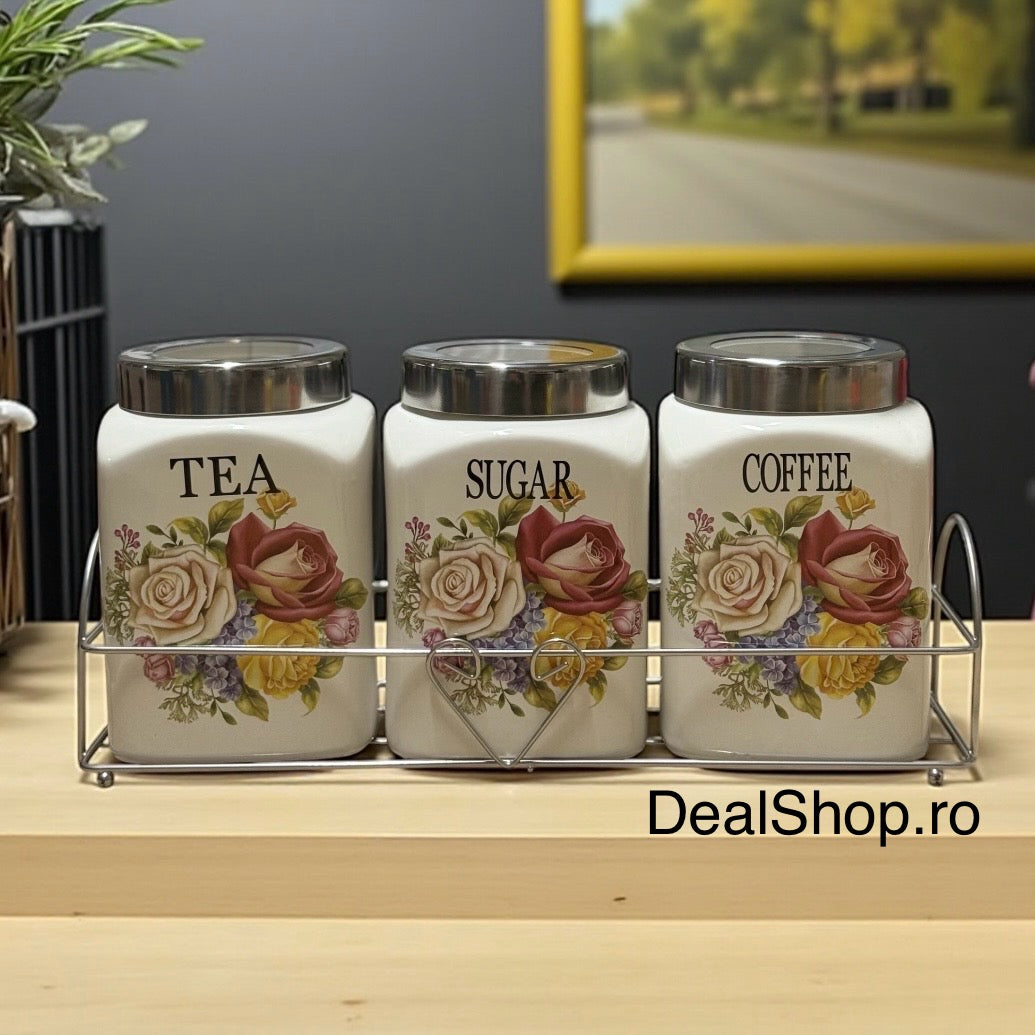 SET 3 RECIPIENTE CONDIMENTE CERAMICA CU CAPAC INOX SI SUPORT METALIC