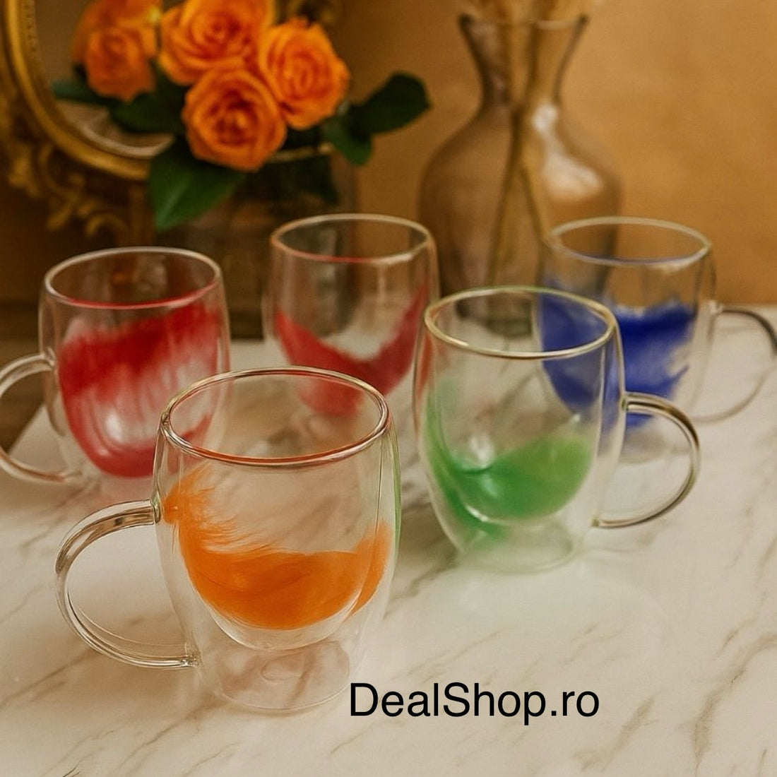 Set 12 Cești din Sticlă cu Perete Dublu și Pene Albastre 350 ml Eleganță în Varianta Completă