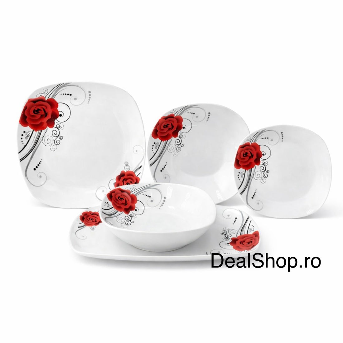 Serviciu de Masă Porțelan Elegant Line Floral 20 Piese pentru 6 Persoane, Farfurii Pătrate cu flori roșii TL 173-4