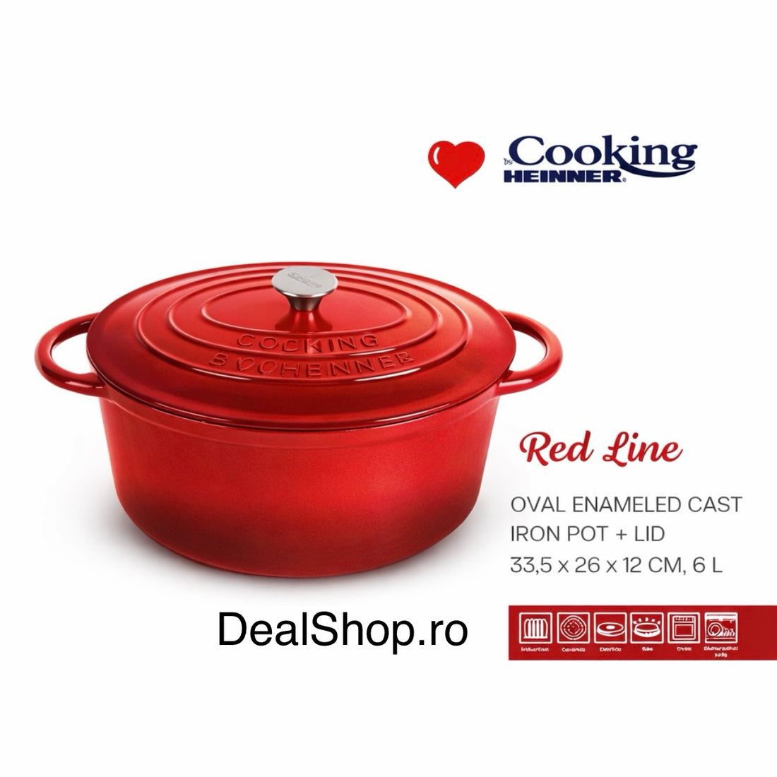 Oală ovală fontă emailată 6L cu capac Cooking by Heinner Red Line – 33.5×26×12 cm, vas profesional gătit la cuptor & plită
