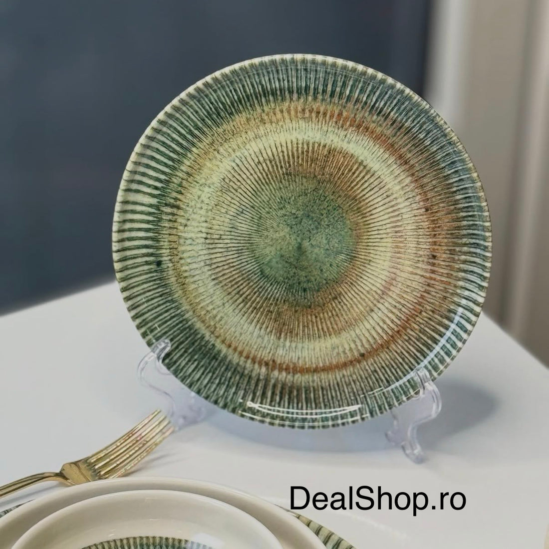 Serviciu de masa portelan 24 piese 6 persoane model texturat verde-maro elegant și modern 0186