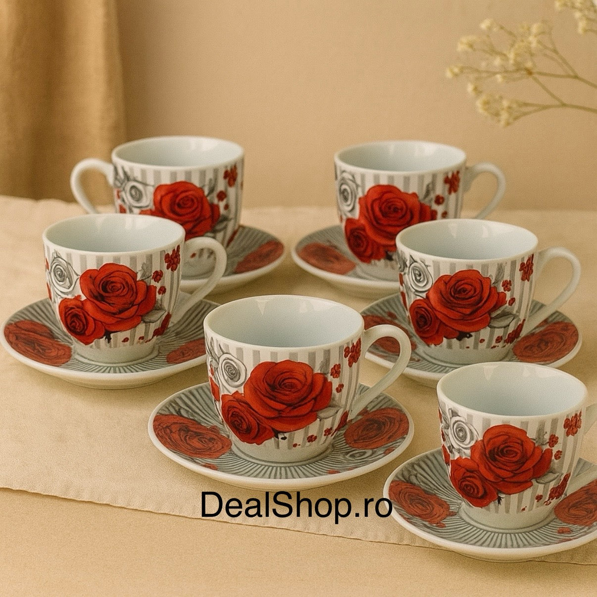 Set 6 cești cu 6 farfurii din porțelan, 120 ml – model floral cu trandafiri