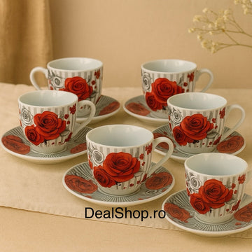 Set 6 cești cu 6 farfurii din porțelan, 120 ml – model floral cu trandafiri