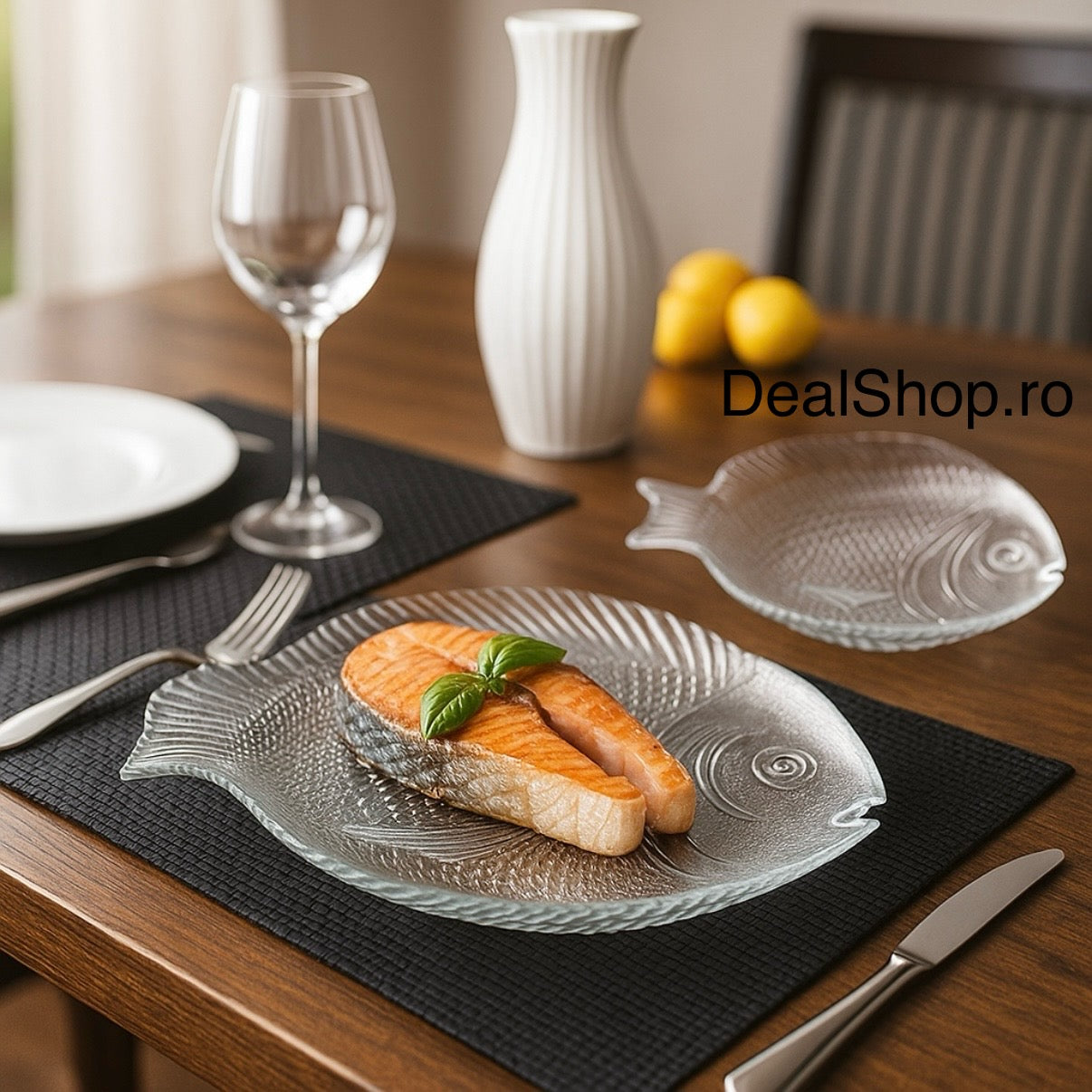 Set platou si 6 farfurii, forma peste, Pasabahce, sticla