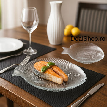 Set platou si 6 farfurii, forma peste, Pasabahce, sticla