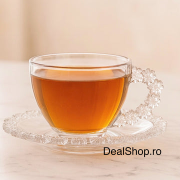 Set 6 Cești din Sticlă 200 ml cu Farfurioare  Design Floral Elegant, Ideal pentru Cafea și Ceai