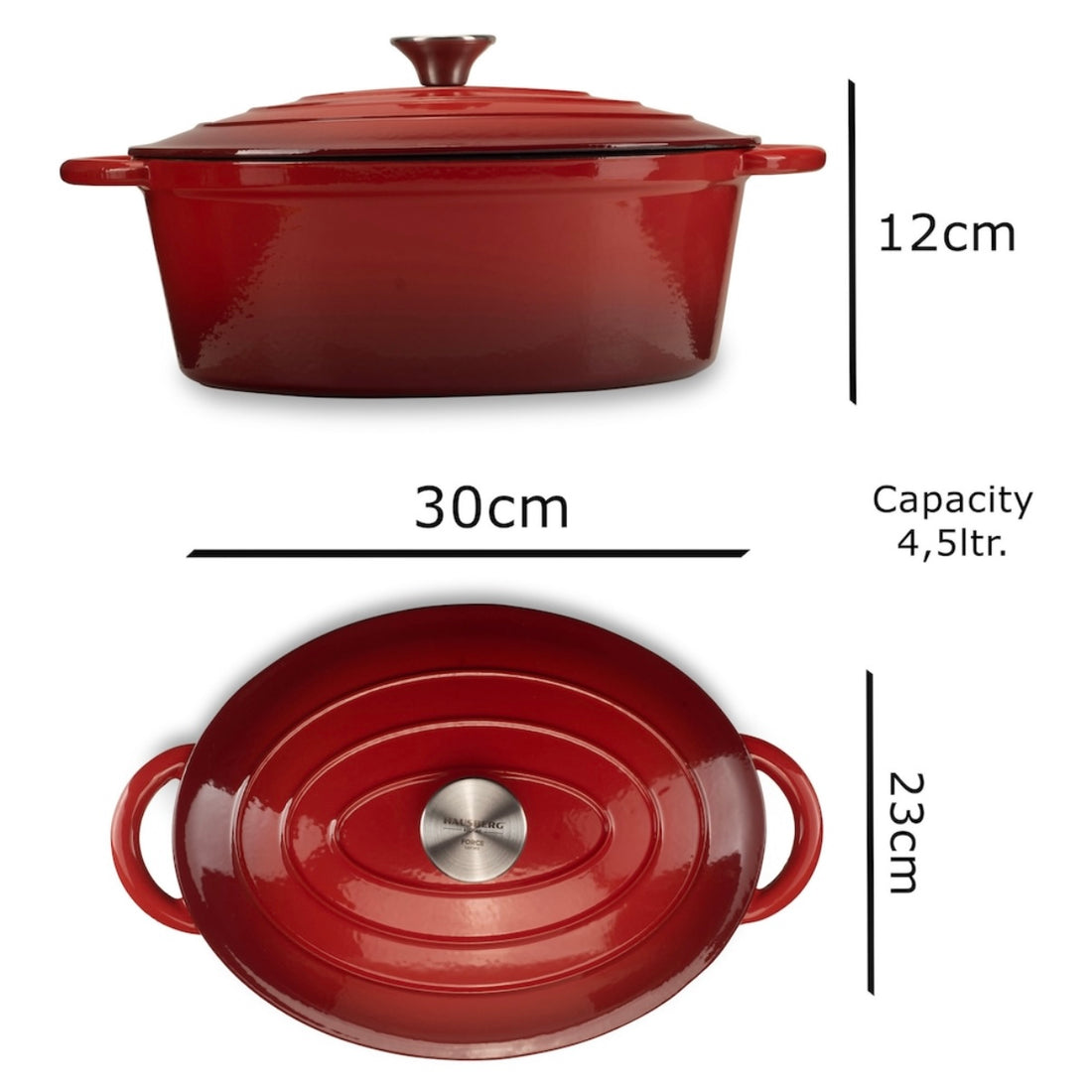 Oală din fonta emailata,Hausberg,HB-H750 ,capacitate 4,5 L,diametru 30 x 23 cm,adâncime 12 cm,interior ,capac din fontă,roșu