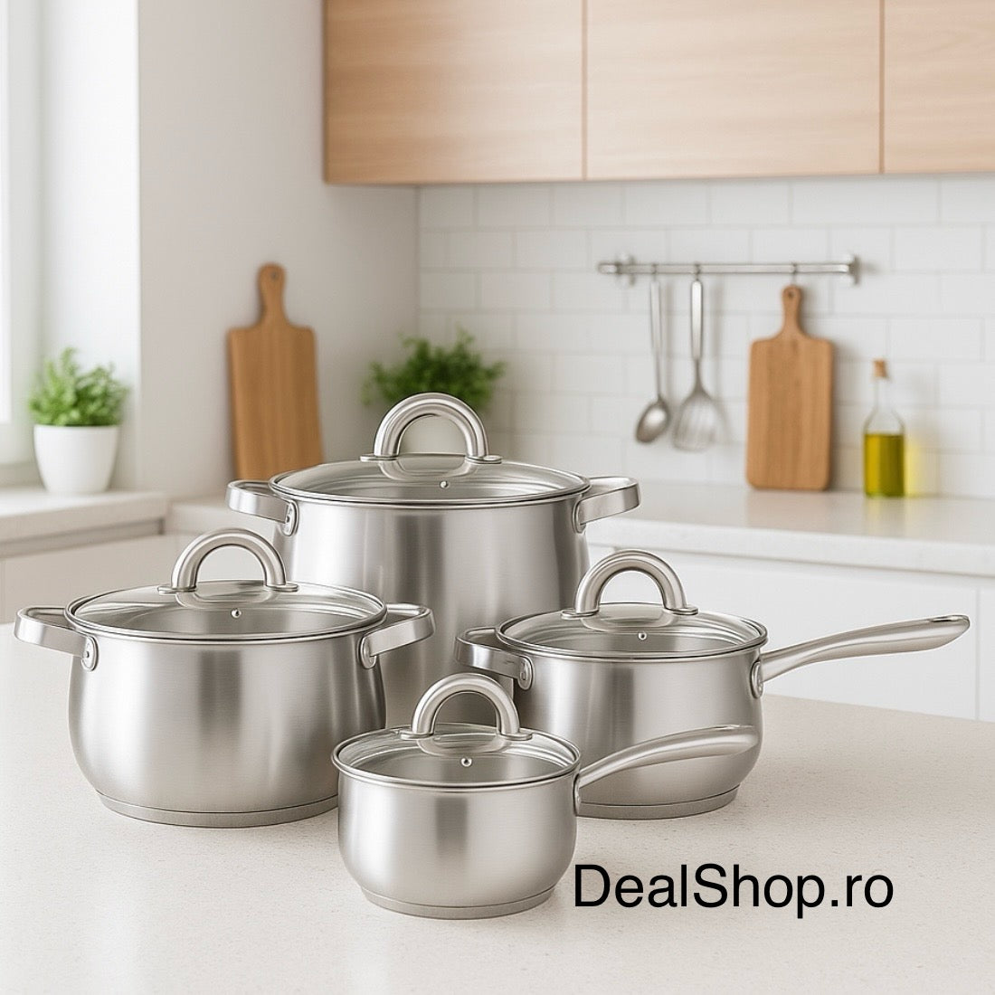 Set Oale Inox 16-18-20-24 cm cu Capace, Fund Capsulat, Compatibile cu Toate Plitele