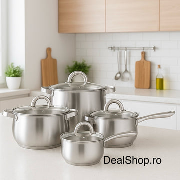 Set Oale Inox 16-18-20-24 cm cu Capace, Fund Capsulat, Compatibile cu Toate Plitele