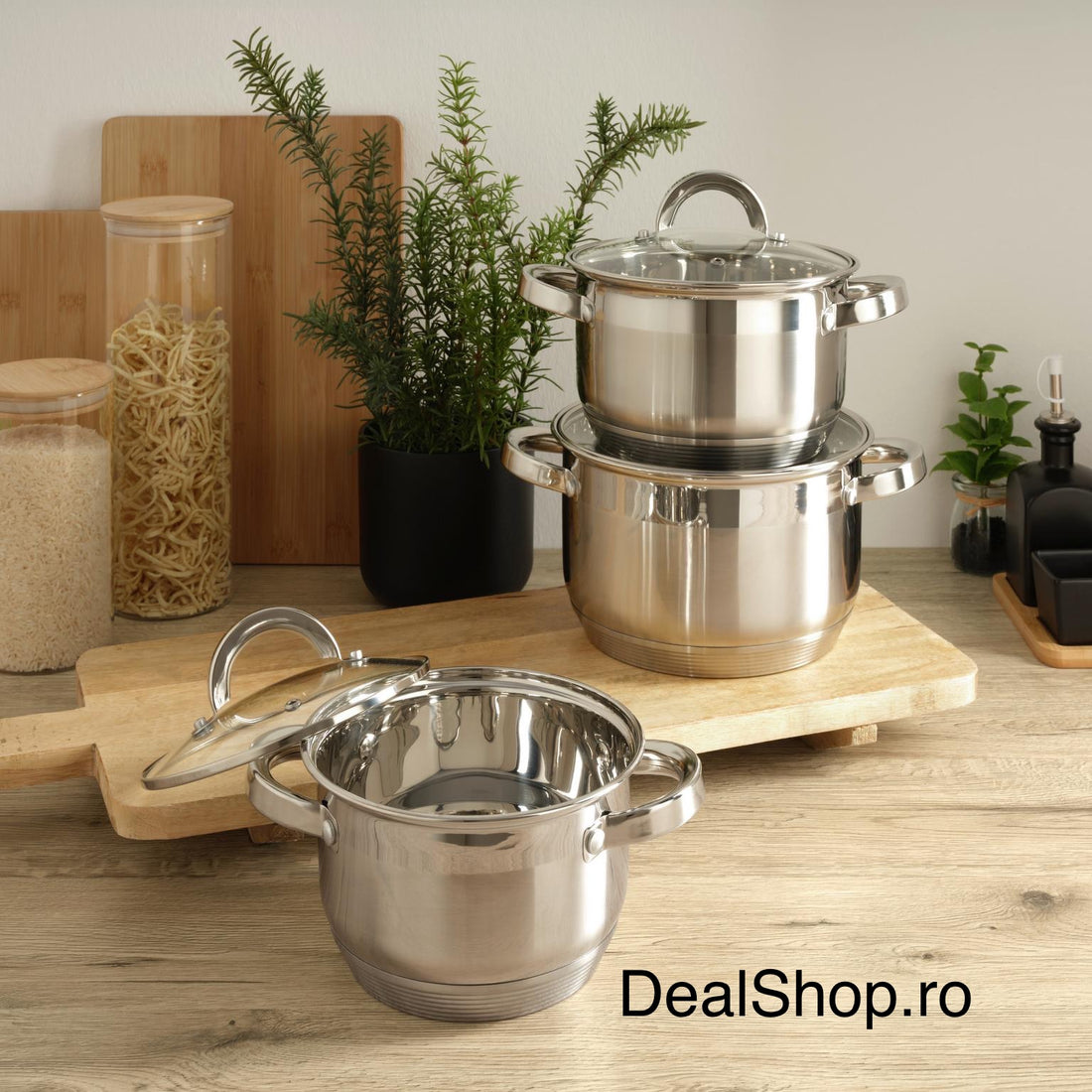 Set Oale Inox 6 Piese cu Capace – 2.8L, 3.8L, 6.5L, Fund Capsule 3 Straturi