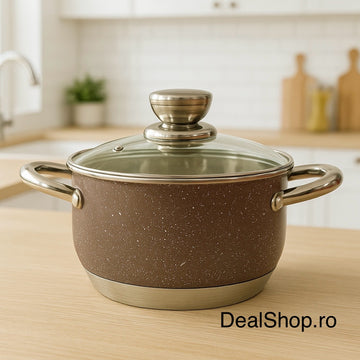 Cratiță Premium Royalty Line Brown 2.9 L – Inox cu fund multistrat și capac din sticlă gătit rapid, elegant și sănătos