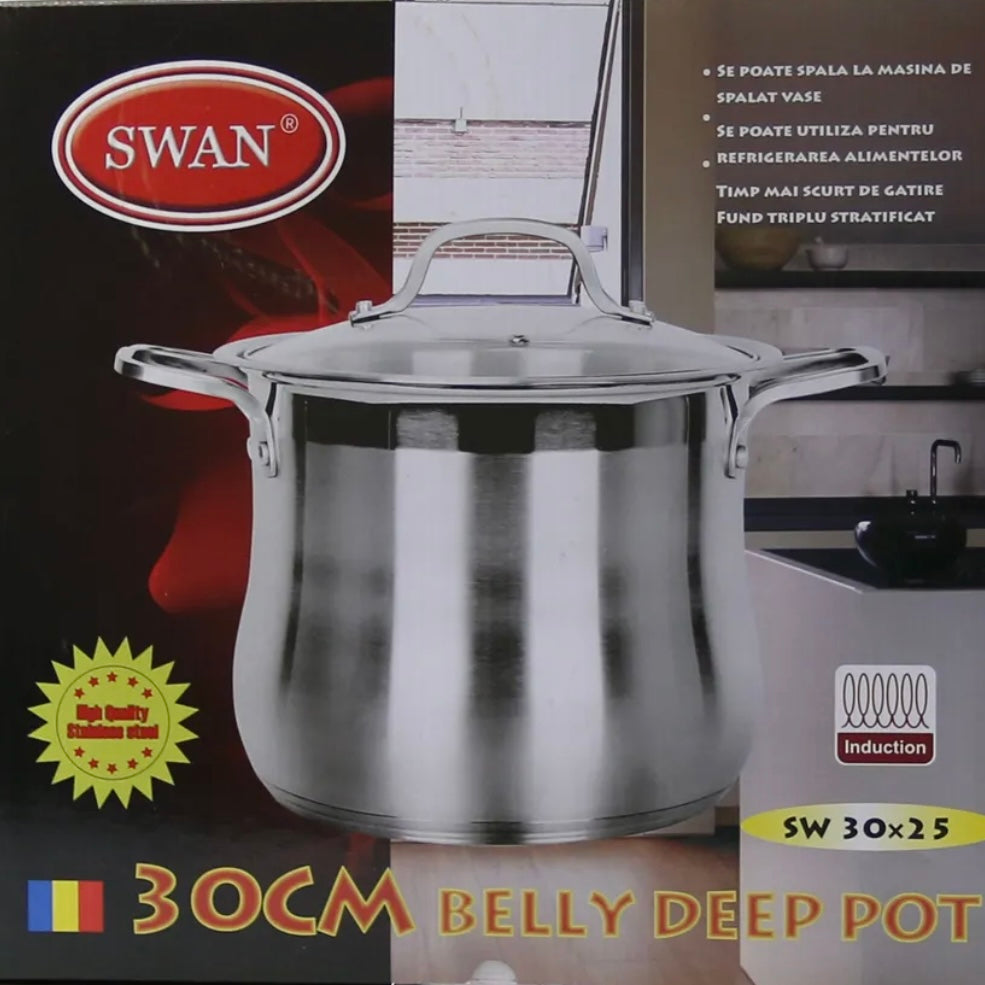 Oala inox, fund triplu, capac din sticla, Swan-Belly, cantitate oala 18 litri, 30 x 25 cm