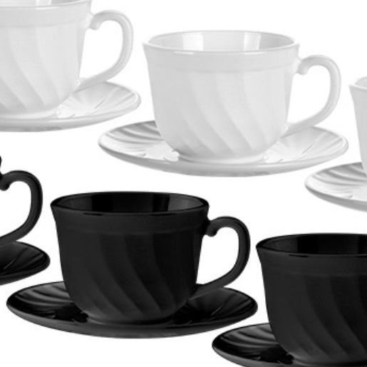 Set 6 Cesti Cafea Opal 190 ml cu Farfurioare – Model Ondulat Alb & Negru