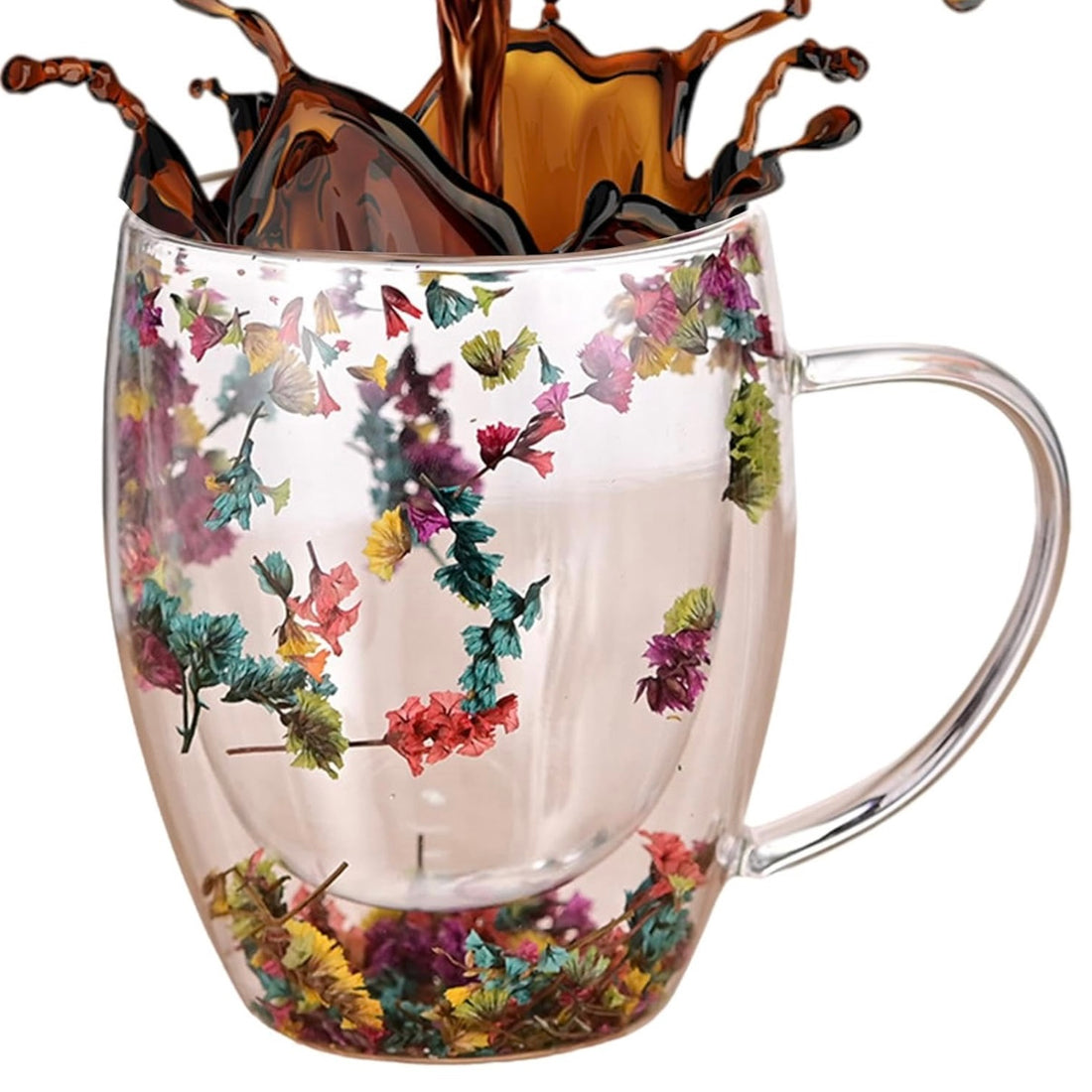 Set 12 cesti cafea Pereti Dubli Sticla Termorezistenta, Model Flori Uscate, color,250 ml