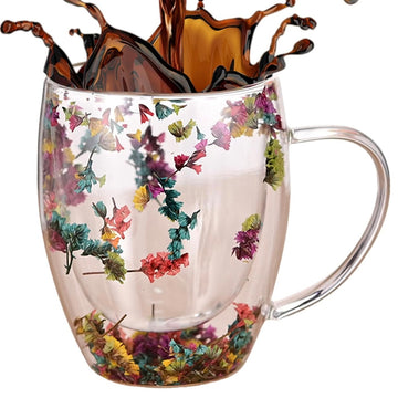 Set 6 Cești Cafea din Sticlă Termorezistentă cu Pereți Dubli și Model Flori Uscate Roz, 250 ml